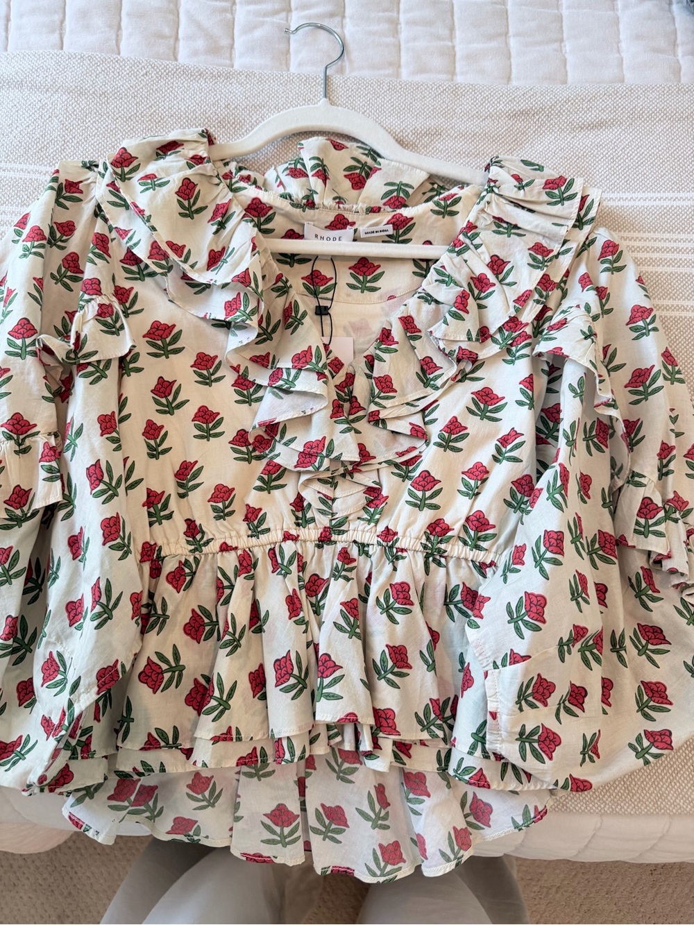 RHODE Cream Blouse with Red Rose Print and Green Leaves
